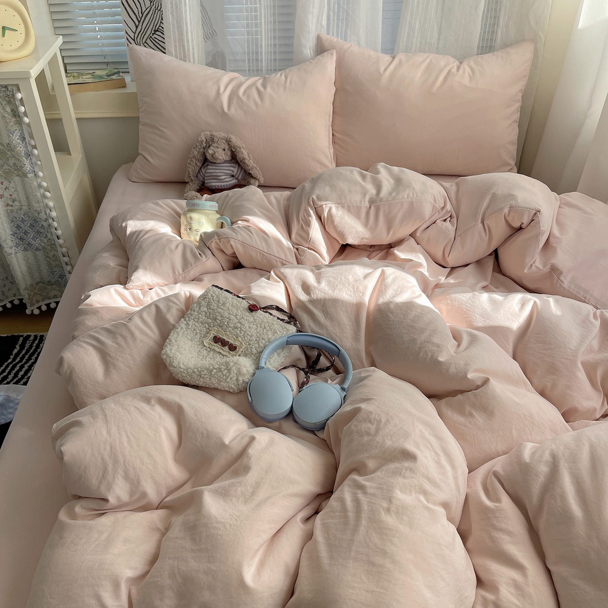 91家纺网 家纺一手货源 找家纺 沐芷 2026 纯色水洗棉A类四件套105g床上用品床单被套三件套---【提供买家秀】 纯粉玉