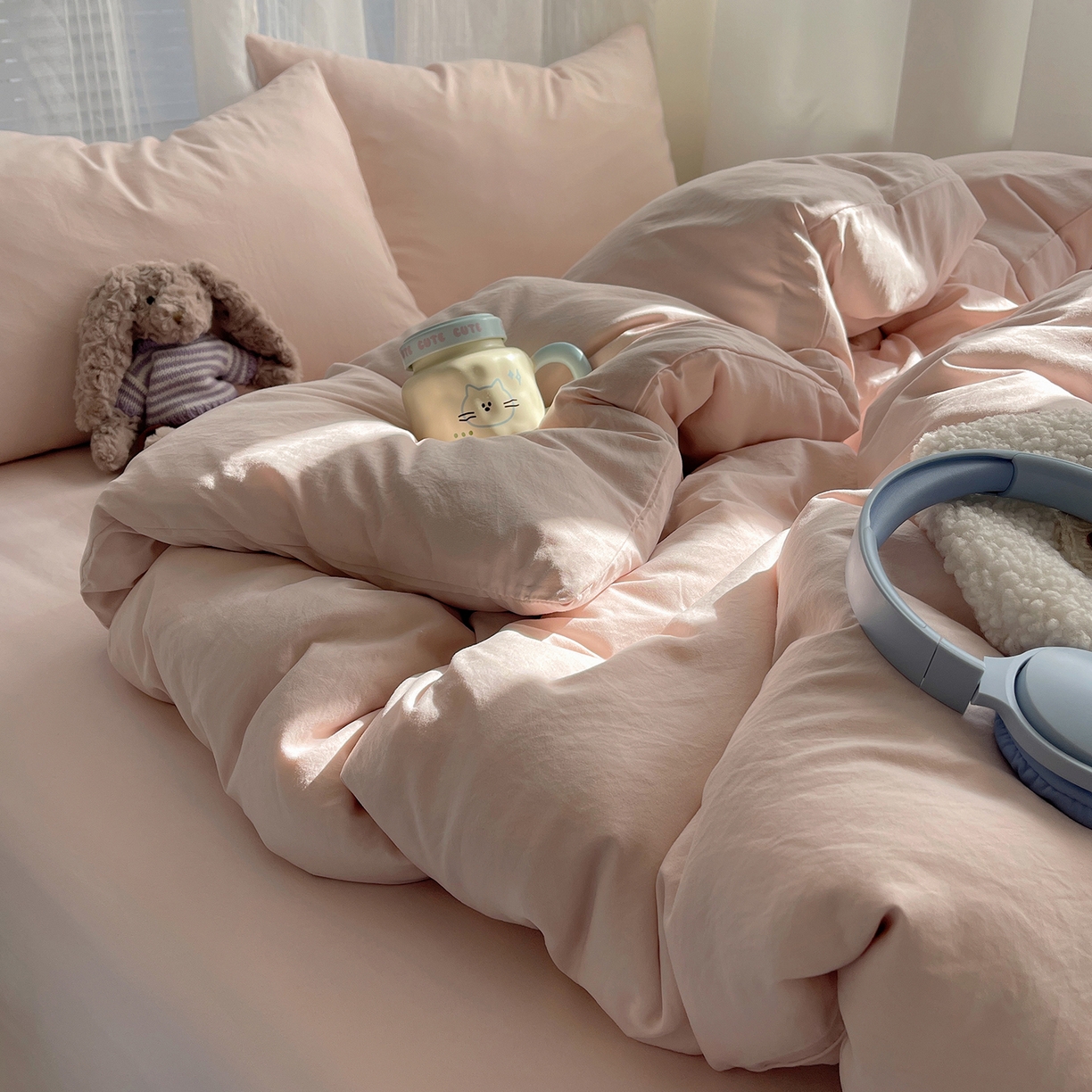 91家纺网 家纺一手货源 找家纺 沐芷 2026 纯色水洗棉A类四件套105g床上用品床单被套三件套---【提供买家秀】 纯粉玉