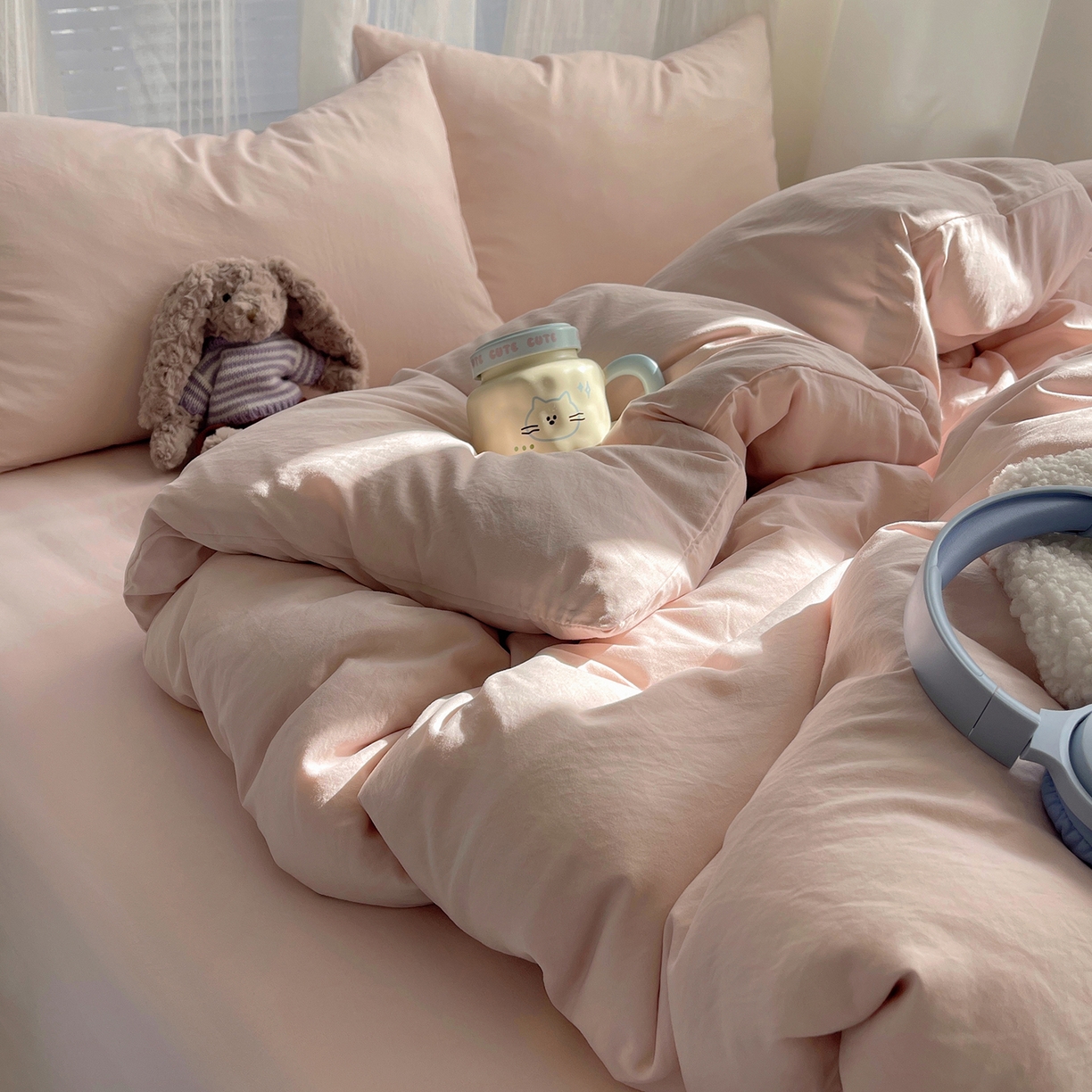 91家纺网 家纺一手货源 找家纺 沐芷 2026 纯色水洗棉A类四件套105g床上用品床单被套三件套---【提供买家秀】 纯粉玉