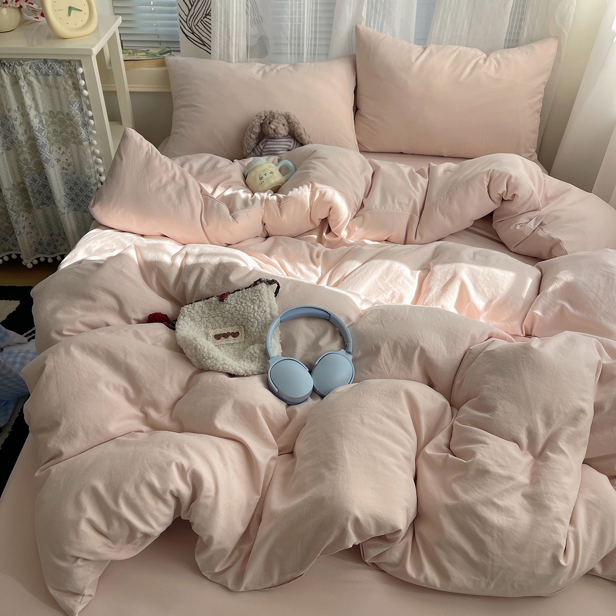 91家纺网 家纺一手货源 找家纺 沐芷 2026 纯色水洗棉A类四件套105g床上用品床单被套三件套---【提供买家秀】 纯粉玉