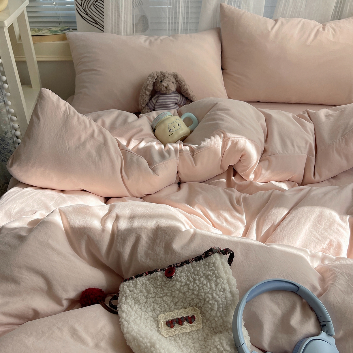 91家纺网 家纺一手货源 找家纺 沐芷 2026 纯色水洗棉A类四件套105g床上用品床单被套三件套---【提供买家秀】 纯粉玉