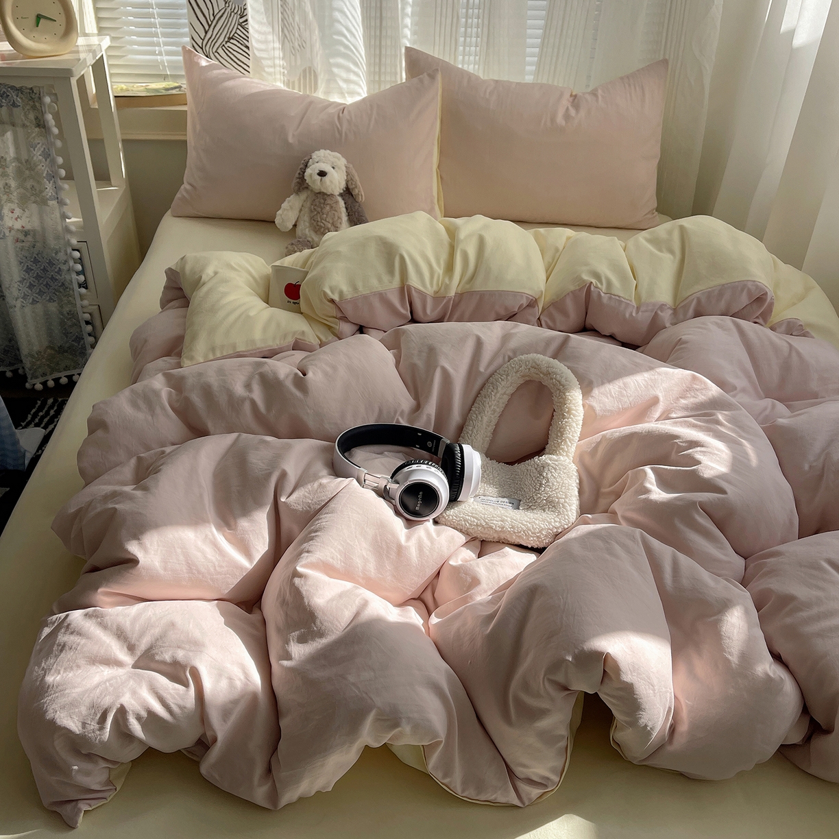 91家纺网 家纺一手货源 找家纺 沐芷 2026 纯色水洗棉A类四件套105g床上用品床单被套三件套---【提供买家秀】 粉玉芝士