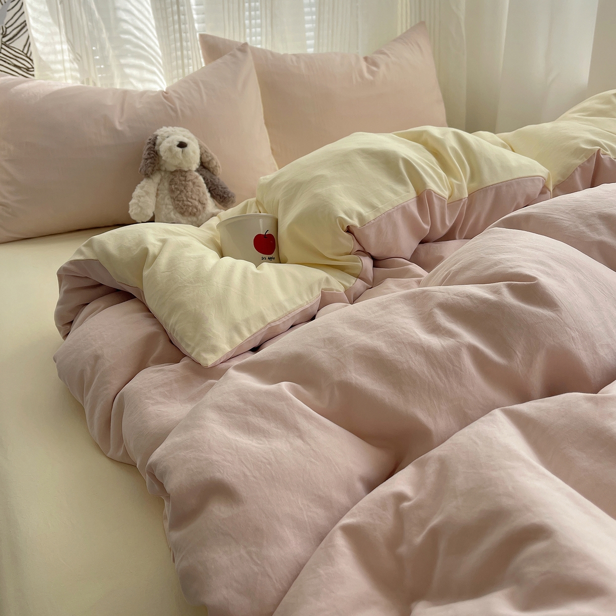 91家纺网 家纺一手货源 找家纺 沐芷 2026 纯色水洗棉A类四件套105g床上用品床单被套三件套---【提供买家秀】 粉玉芝士
