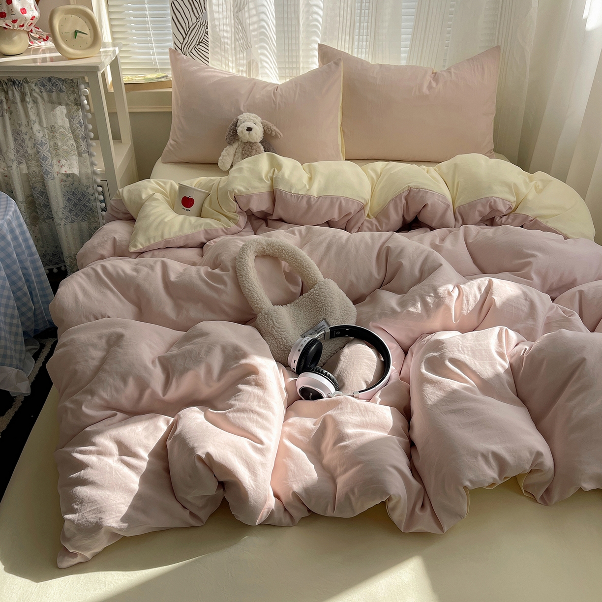 91家纺网 家纺一手货源 找家纺 沐芷 2026 纯色水洗棉A类四件套105g床上用品床单被套三件套---【提供买家秀】 粉玉芝士