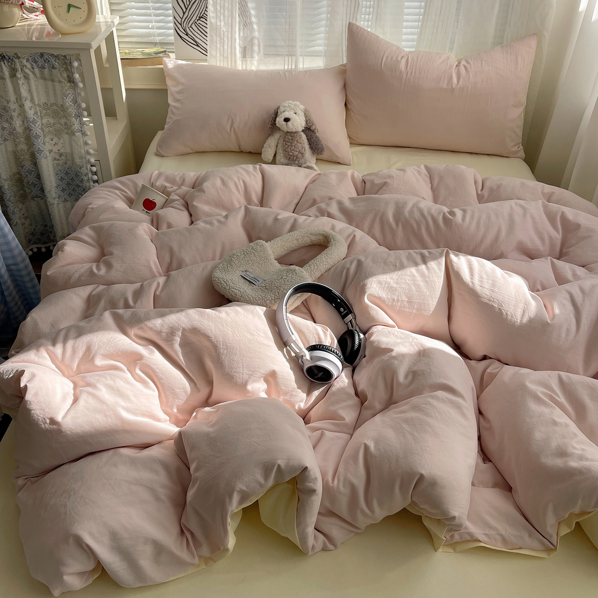 91家纺网 家纺一手货源 找家纺 沐芷 2026 纯色水洗棉A类四件套105g床上用品床单被套三件套---【提供买家秀】 粉玉芝士