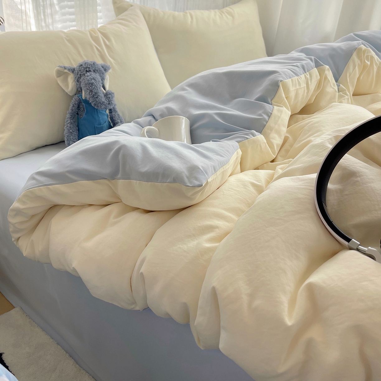 沐芷 2026 纯色水洗棉A类四件套105g床上用品床单被套三件套---【提供买家秀】 米黄冰蓝