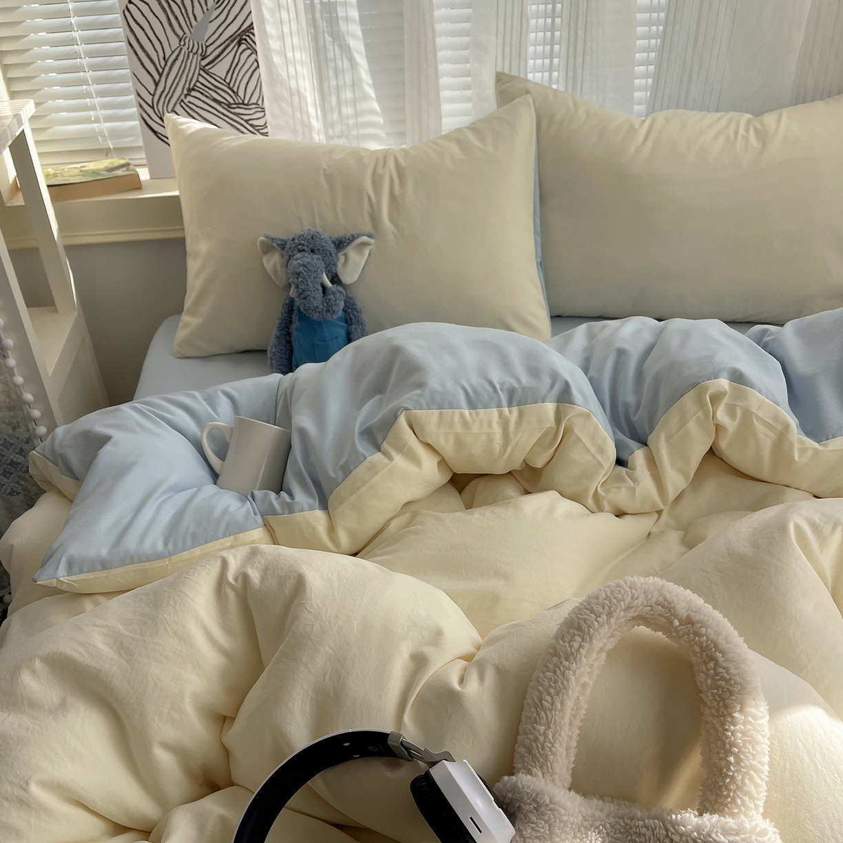 91家纺网 家纺一手货源 找家纺 沐芷 2026 纯色水洗棉A类四件套105g床上用品床单被套三件套---【提供买家秀】 米黄冰蓝