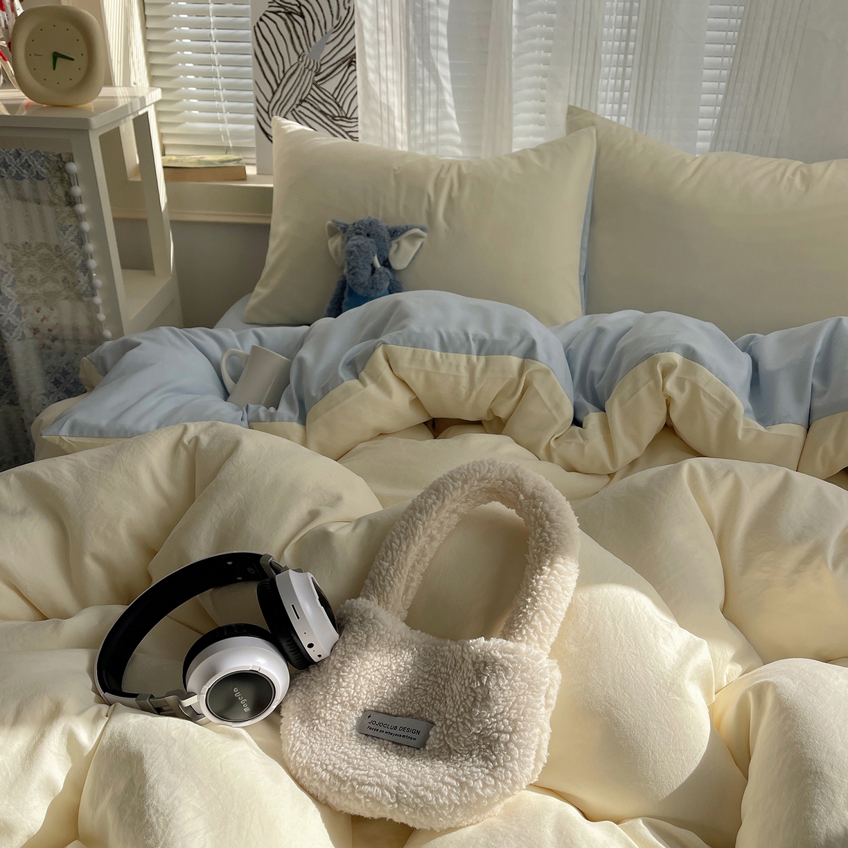 91家纺网 家纺一手货源 找家纺 沐芷 2026 纯色水洗棉A类四件套105g床上用品床单被套三件套---【提供买家秀】 米黄冰蓝