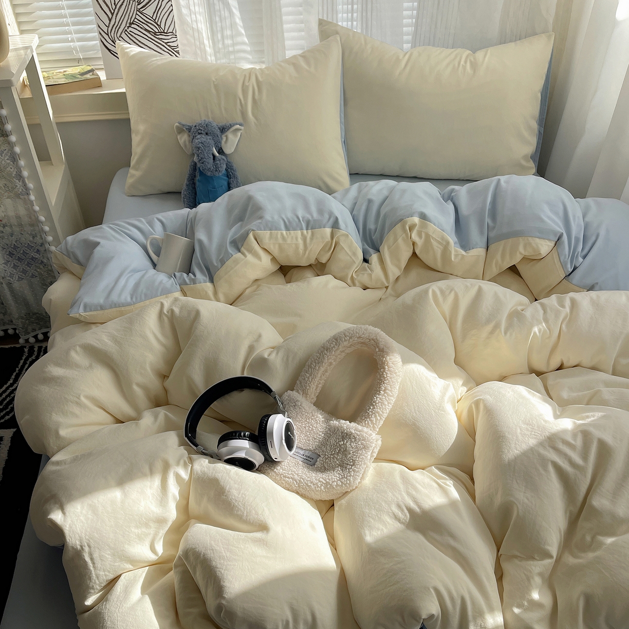 91家纺网 家纺一手货源 找家纺 沐芷 2026 纯色水洗棉A类四件套105g床上用品床单被套三件套---【提供买家秀】 米黄冰蓝