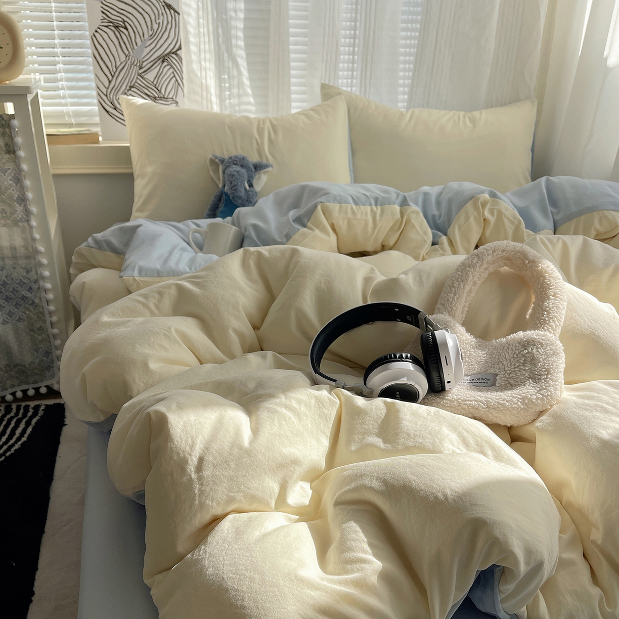 91家纺网 家纺一手货源 找家纺 沐芷 2026 纯色水洗棉A类四件套105g床上用品床单被套三件套---【提供买家秀】 米黄冰蓝