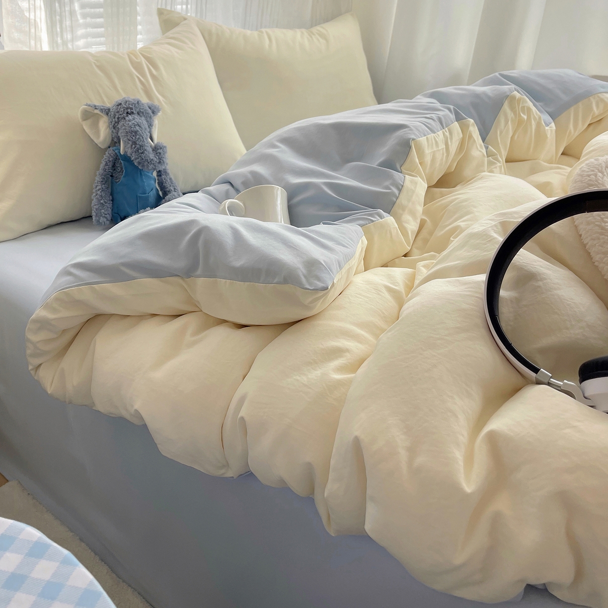 91家纺网 家纺一手货源 找家纺 沐芷 2026 纯色水洗棉A类四件套105g床上用品床单被套三件套---【提供买家秀】 米黄冰蓝