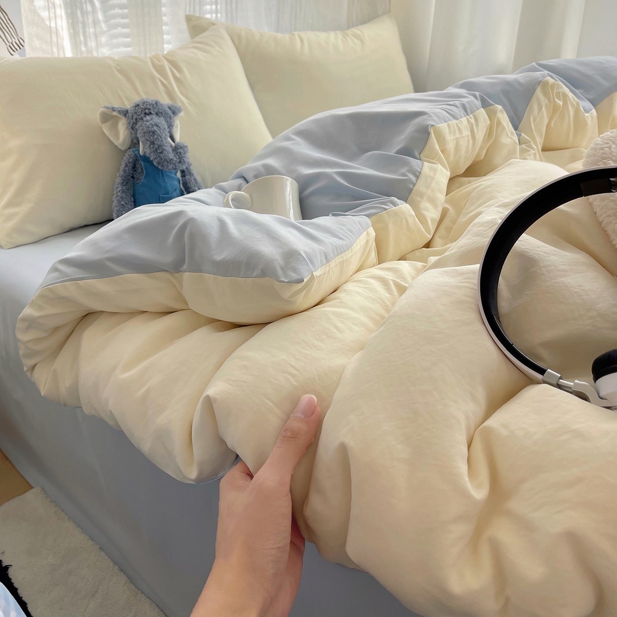 91家纺网 家纺一手货源 找家纺 沐芷 2026 纯色水洗棉A类四件套105g床上用品床单被套三件套---【提供买家秀】 米黄冰蓝