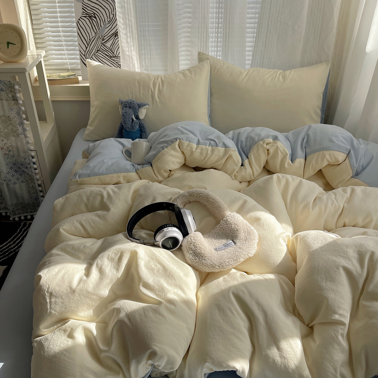 91家纺网 家纺一手货源 找家纺 沐芷 2026 纯色水洗棉A类四件套105g床上用品床单被套三件套---【提供买家秀】 米黄冰蓝