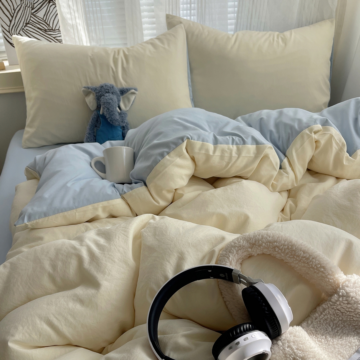 91家纺网 家纺一手货源 找家纺 沐芷 2026 纯色水洗棉A类四件套105g床上用品床单被套三件套---【提供买家秀】 米黄冰蓝