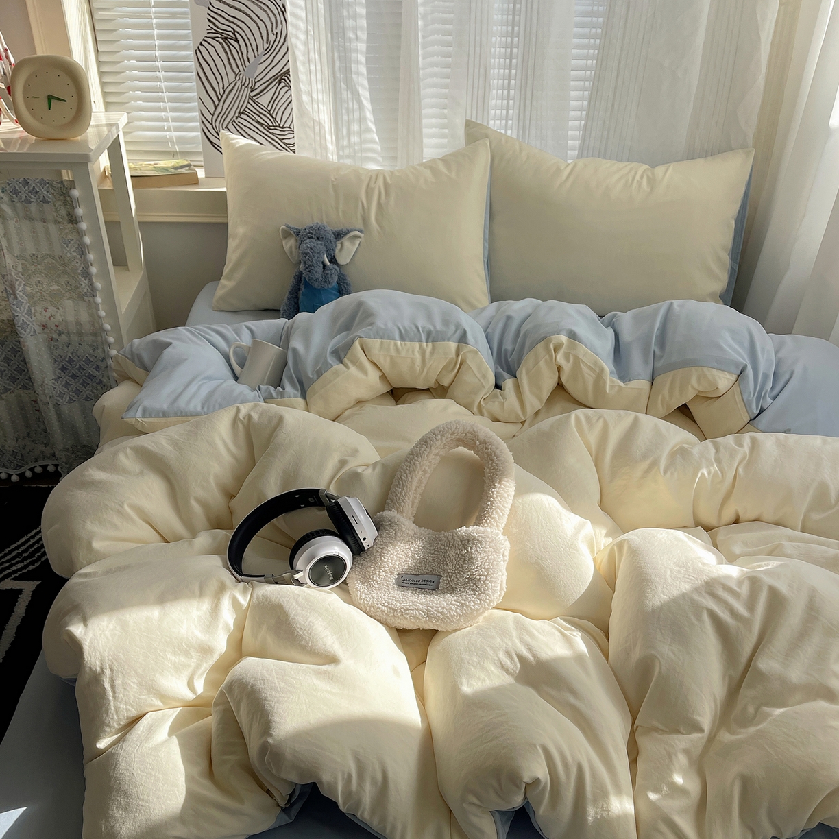 91家纺网 家纺一手货源 找家纺 沐芷 2026 纯色水洗棉A类四件套105g床上用品床单被套三件套---【提供买家秀】 米黄冰蓝