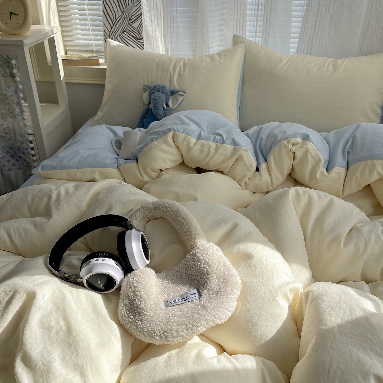 91家纺网 家纺一手货源 找家纺 沐芷 2026 纯色水洗棉A类四件套105g床上用品床单被套三件套---【提供买家秀】 米黄冰蓝