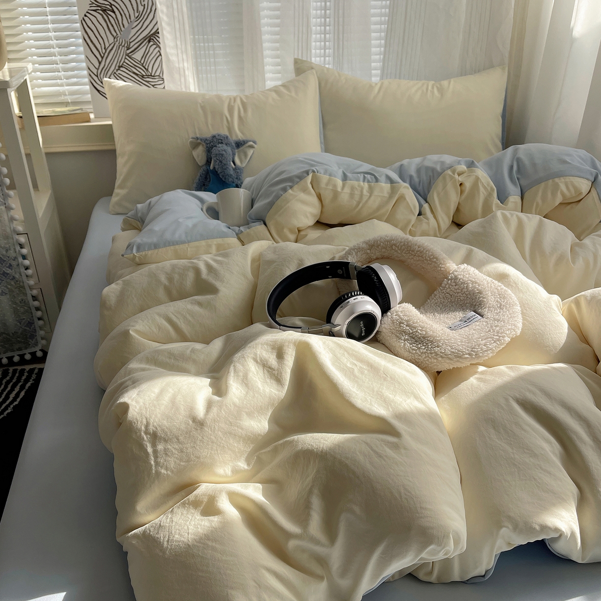 91家纺网 家纺一手货源 找家纺 沐芷 2026 纯色水洗棉A类四件套105g床上用品床单被套三件套---【提供买家秀】 米黄冰蓝