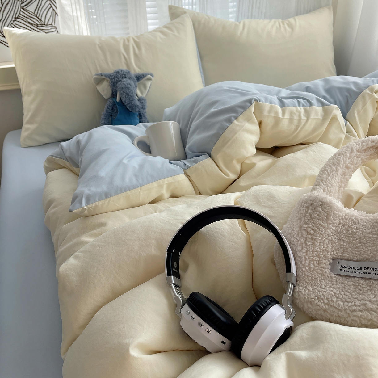 91家纺网 家纺一手货源 找家纺 沐芷 2026 纯色水洗棉A类四件套105g床上用品床单被套三件套---【提供买家秀】 米黄冰蓝