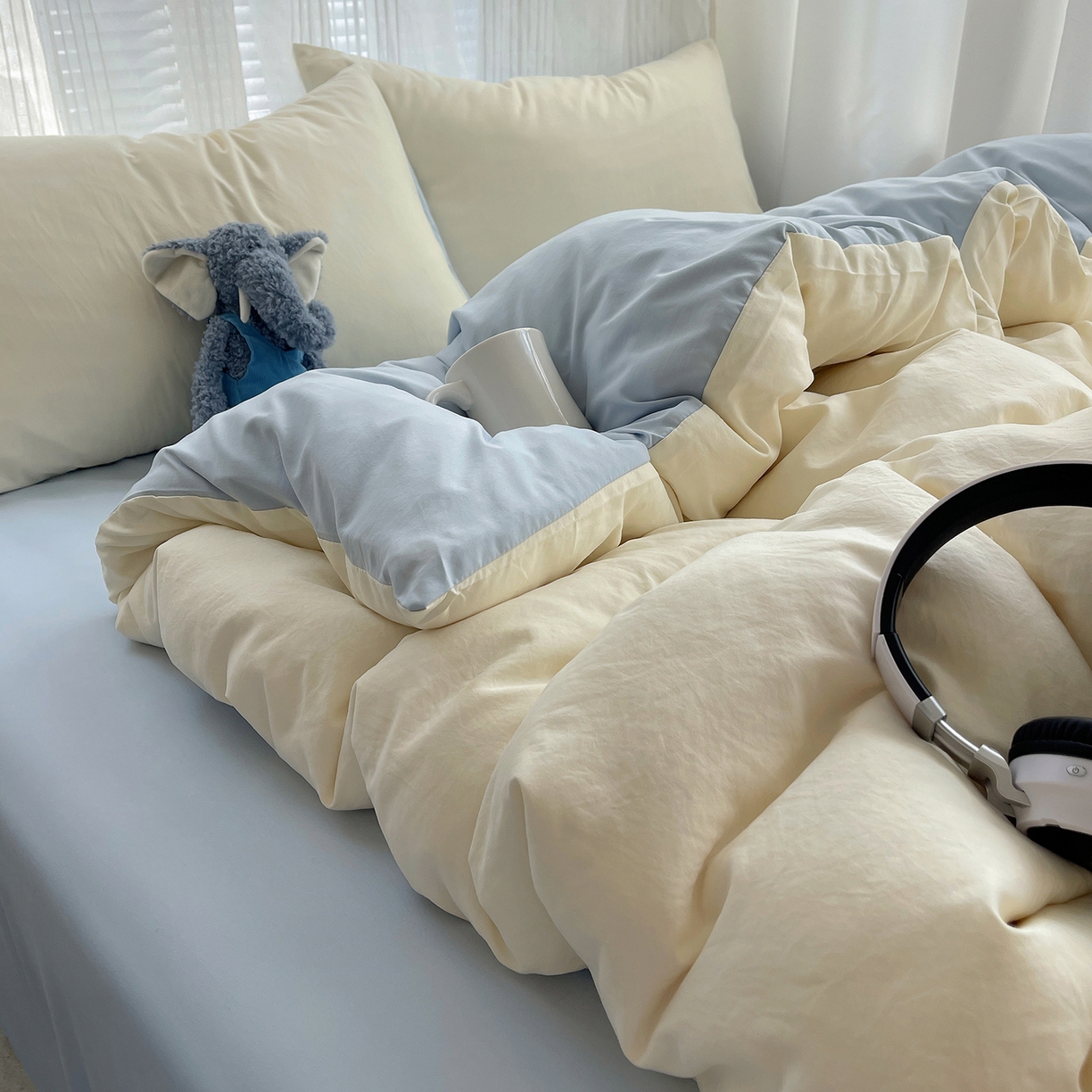 91家纺网 家纺一手货源 找家纺 沐芷 2026 纯色水洗棉A类四件套105g床上用品床单被套三件套---【提供买家秀】 米黄冰蓝