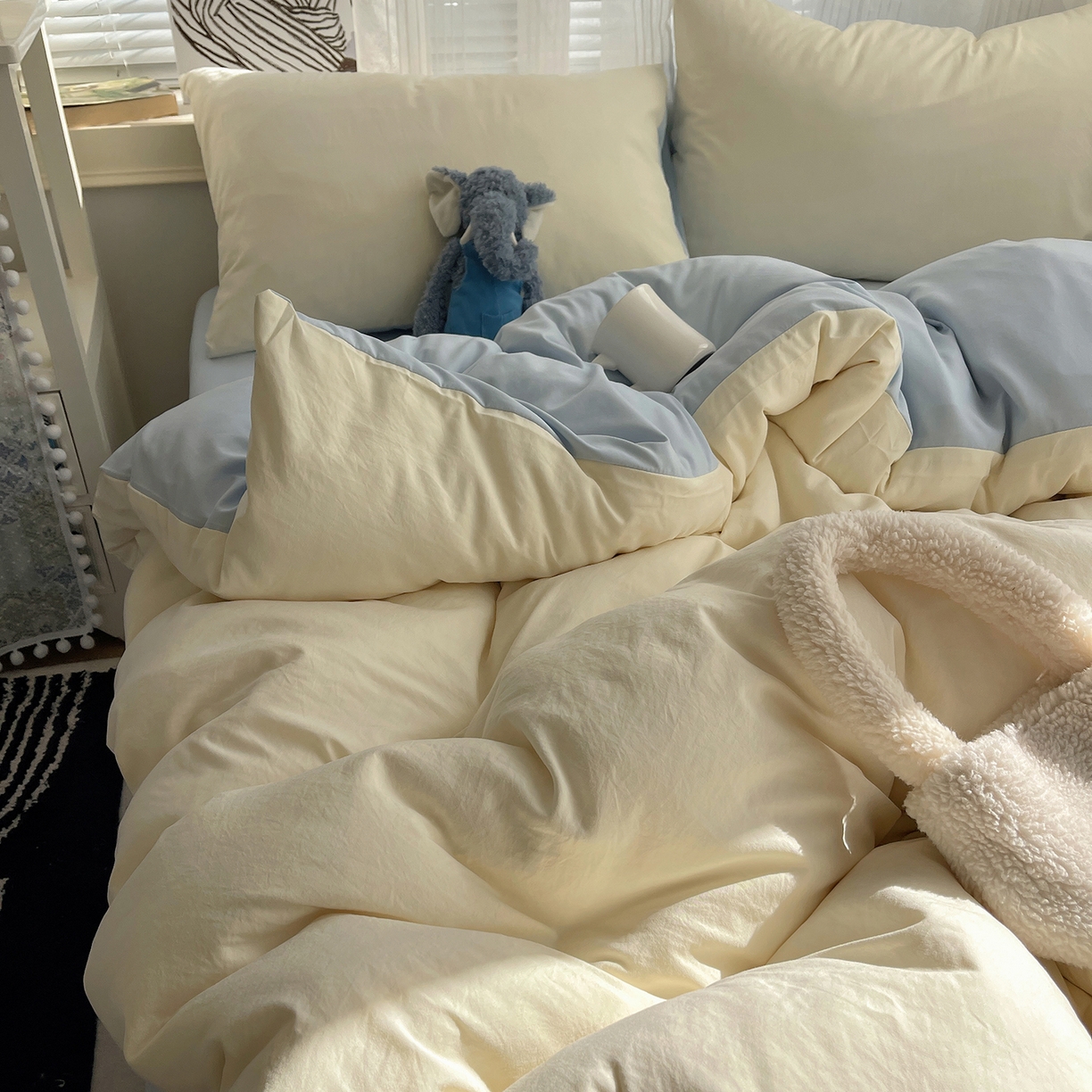 91家纺网 家纺一手货源 找家纺 沐芷 2026 纯色水洗棉A类四件套105g床上用品床单被套三件套---【提供买家秀】 米黄冰蓝