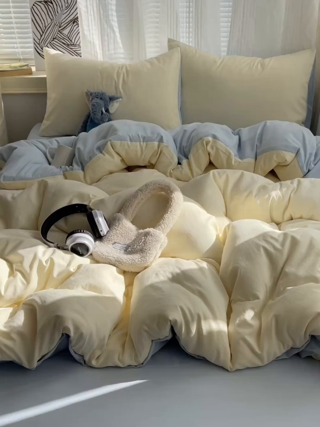 91家纺网 家纺一手货源 找家纺 沐芷 2026 纯色水洗棉A类四件套105g床上用品床单被套三件套---【提供买家秀】 米黄冰蓝