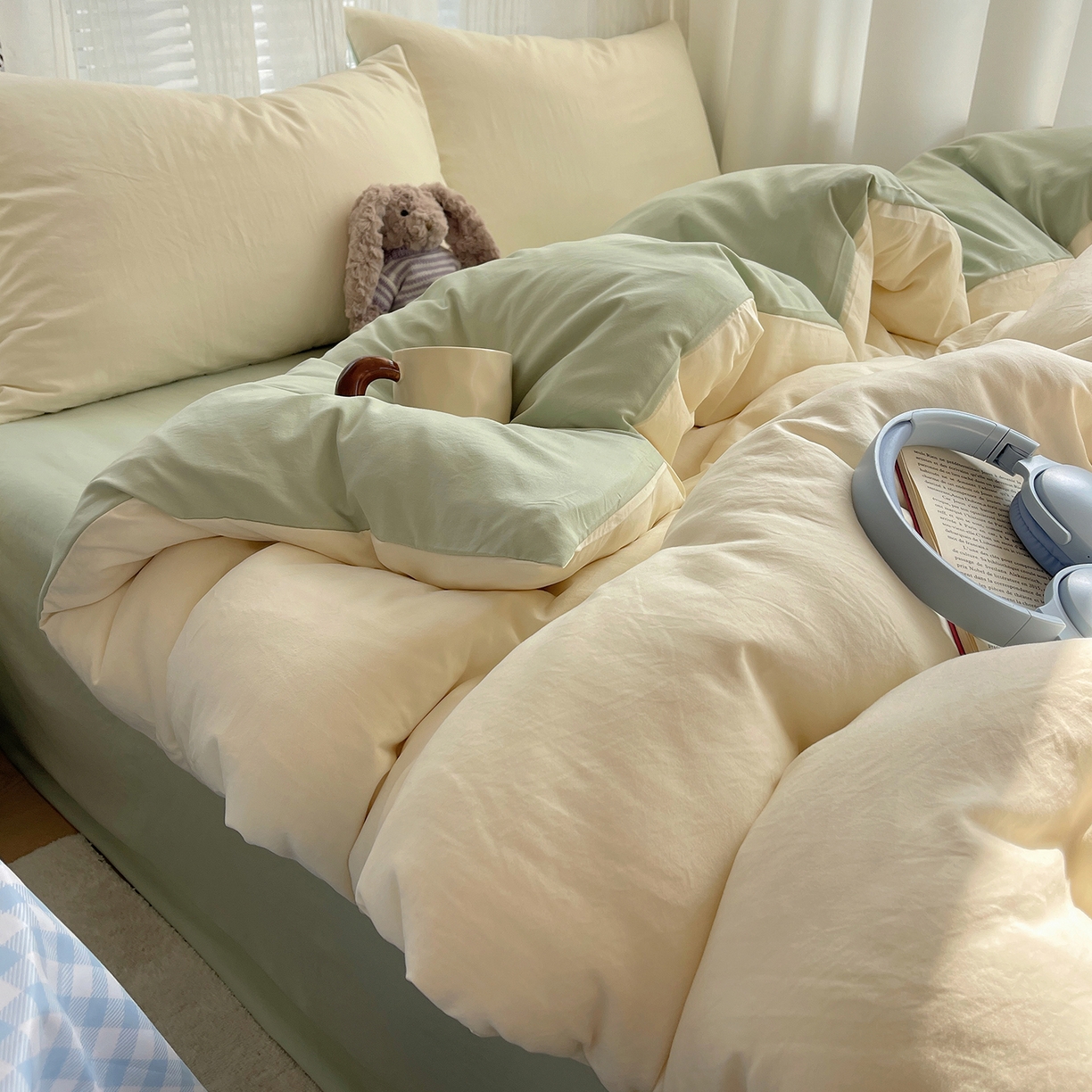 沐芷 2026 纯色水洗棉A类四件套105g床上用品床单被套三件套---【提供买家秀】 米黄草绿