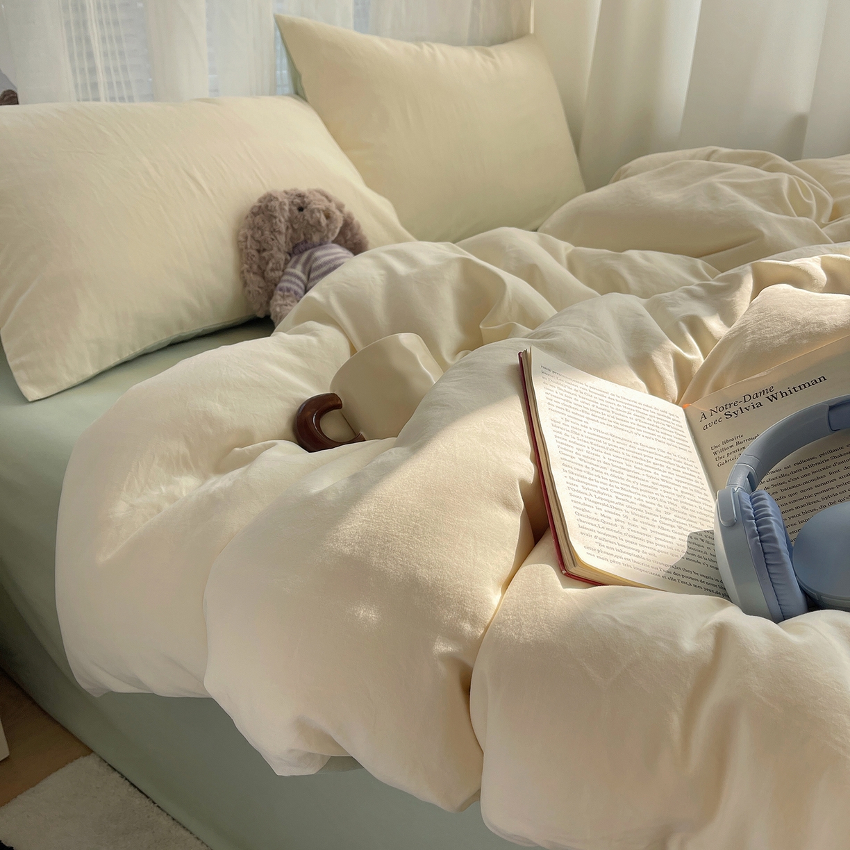 91家纺网 家纺一手货源 找家纺 沐芷 2026 纯色水洗棉A类四件套105g床上用品床单被套三件套---【提供买家秀】 米黄草绿