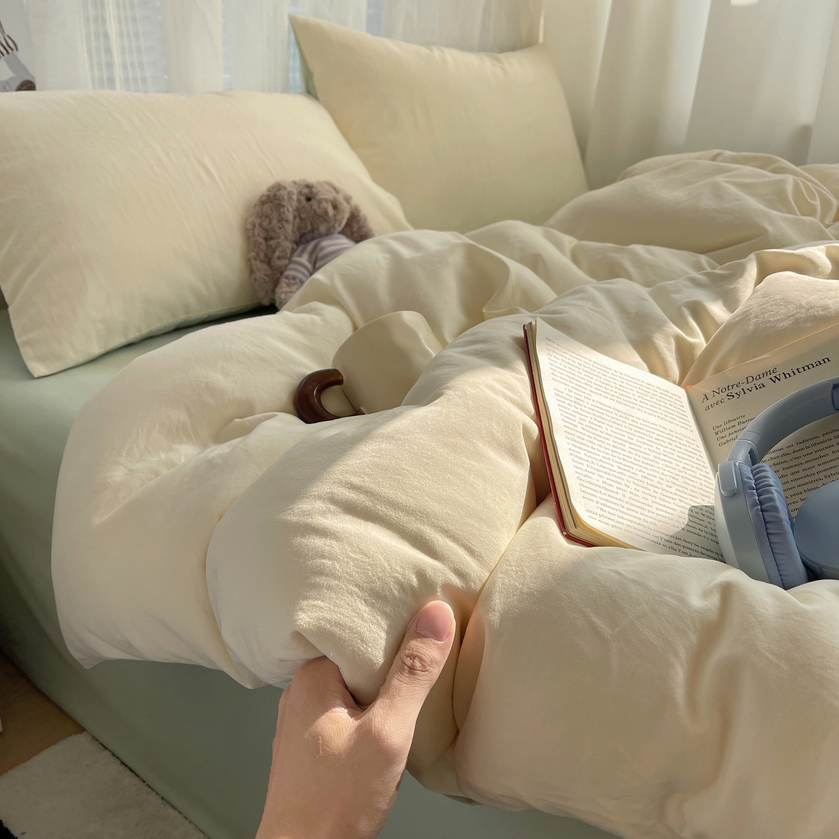 91家纺网 家纺一手货源 找家纺 沐芷 2026 纯色水洗棉A类四件套105g床上用品床单被套三件套---【提供买家秀】 米黄草绿