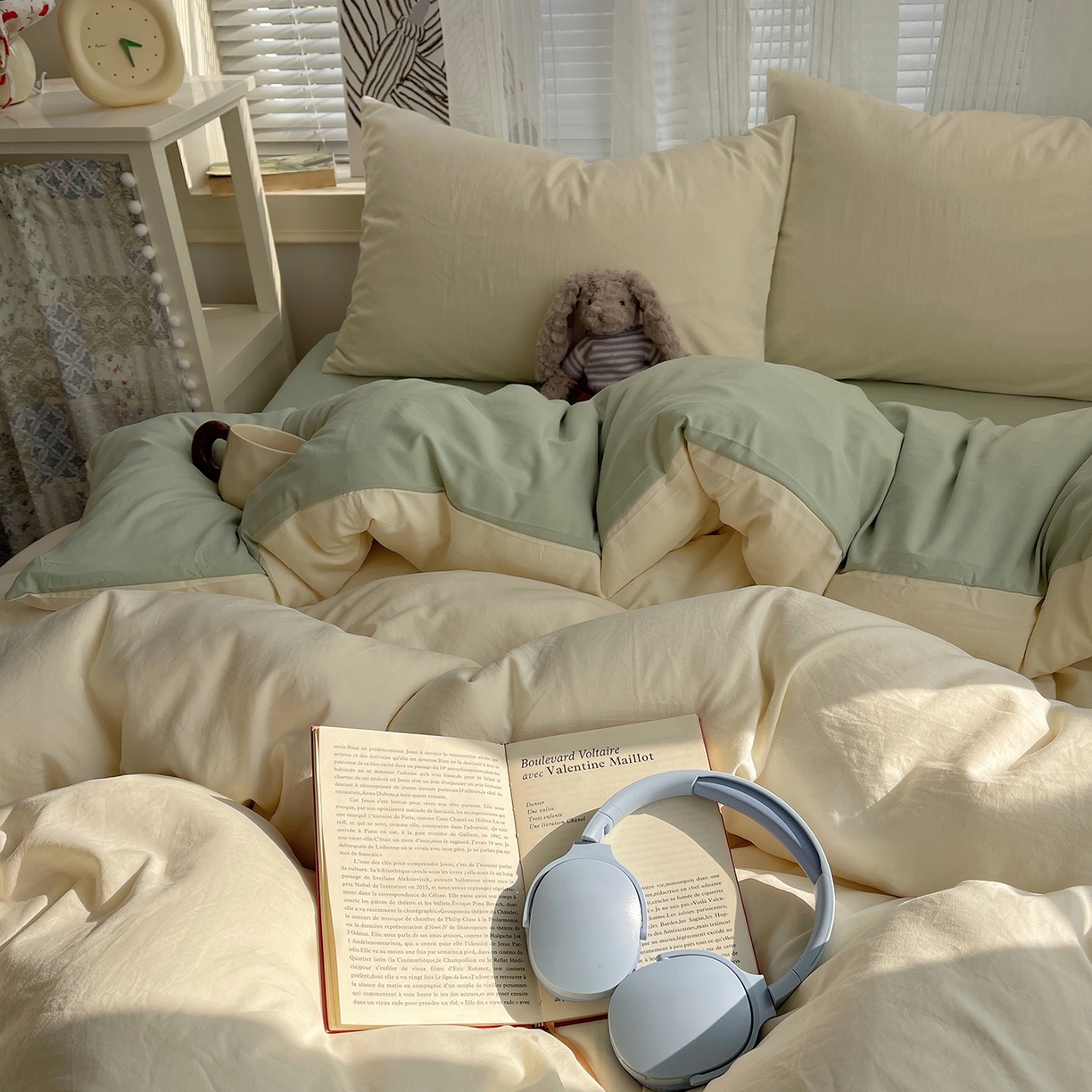 91家纺网 家纺一手货源 找家纺 沐芷 2026 纯色水洗棉A类四件套105g床上用品床单被套三件套---【提供买家秀】 米黄草绿