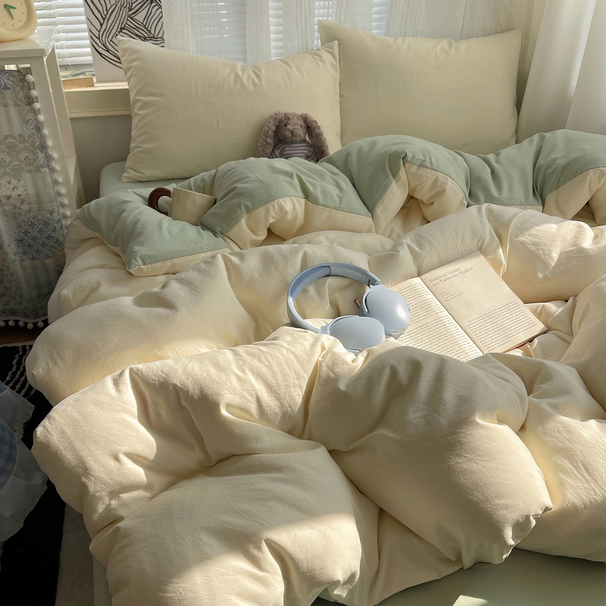 91家纺网 家纺一手货源 找家纺 沐芷 2026 纯色水洗棉A类四件套105g床上用品床单被套三件套---【提供买家秀】 米黄草绿