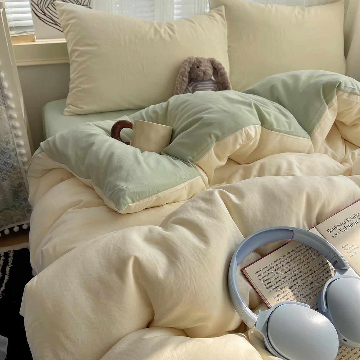 91家纺网 家纺一手货源 找家纺 沐芷 2026 纯色水洗棉A类四件套105g床上用品床单被套三件套---【提供买家秀】 米黄草绿