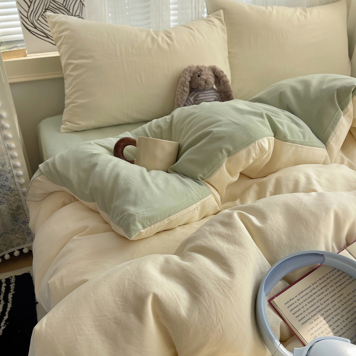 91家纺网 家纺一手货源 找家纺 沐芷 2026 纯色水洗棉A类四件套105g床上用品床单被套三件套---【提供买家秀】 米黄草绿