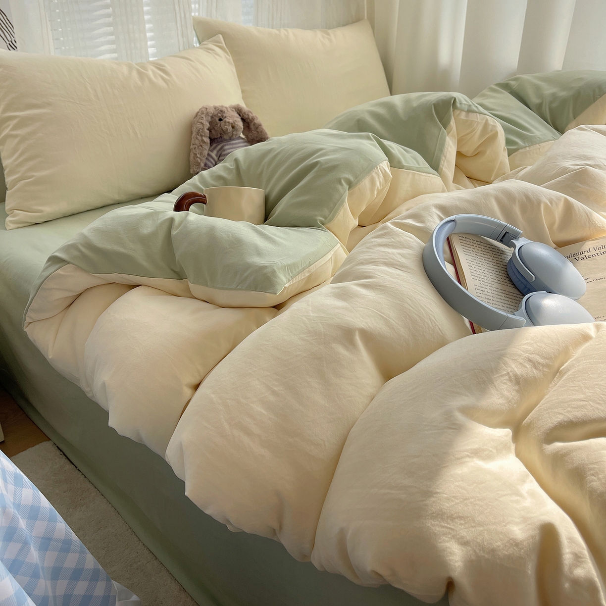 91家纺网 家纺一手货源 找家纺 沐芷 2026 纯色水洗棉A类四件套105g床上用品床单被套三件套---【提供买家秀】 米黄草绿