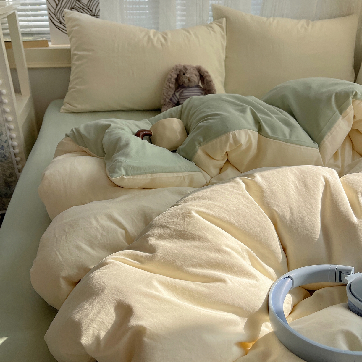 91家纺网 家纺一手货源 找家纺 沐芷 2026 纯色水洗棉A类四件套105g床上用品床单被套三件套---【提供买家秀】 米黄草绿