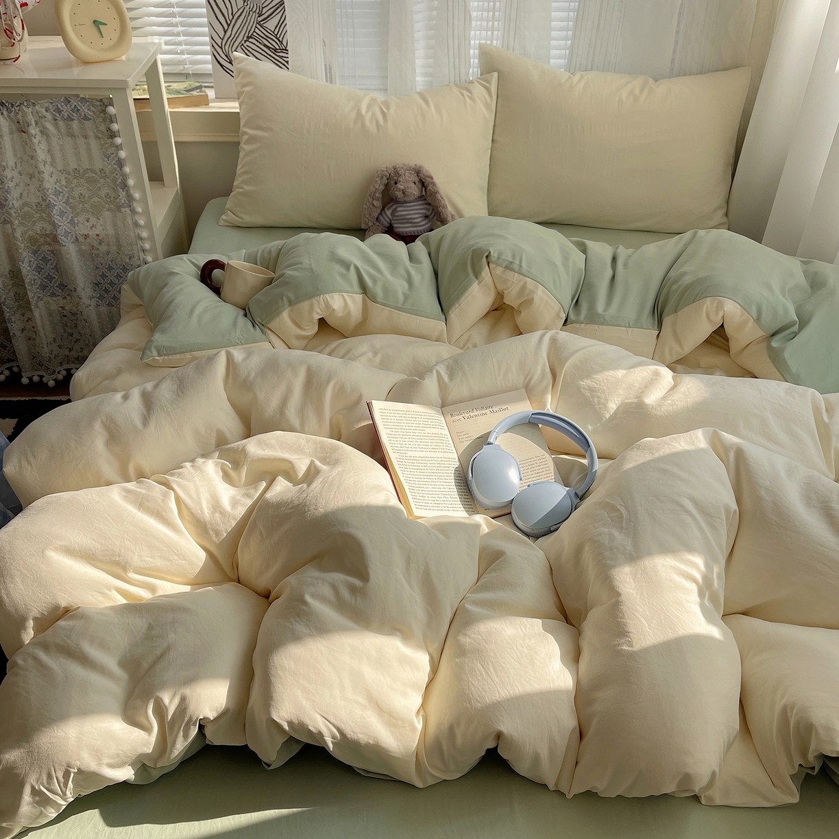 91家纺网 家纺一手货源 找家纺 沐芷 2026 纯色水洗棉A类四件套105g床上用品床单被套三件套---【提供买家秀】 米黄草绿