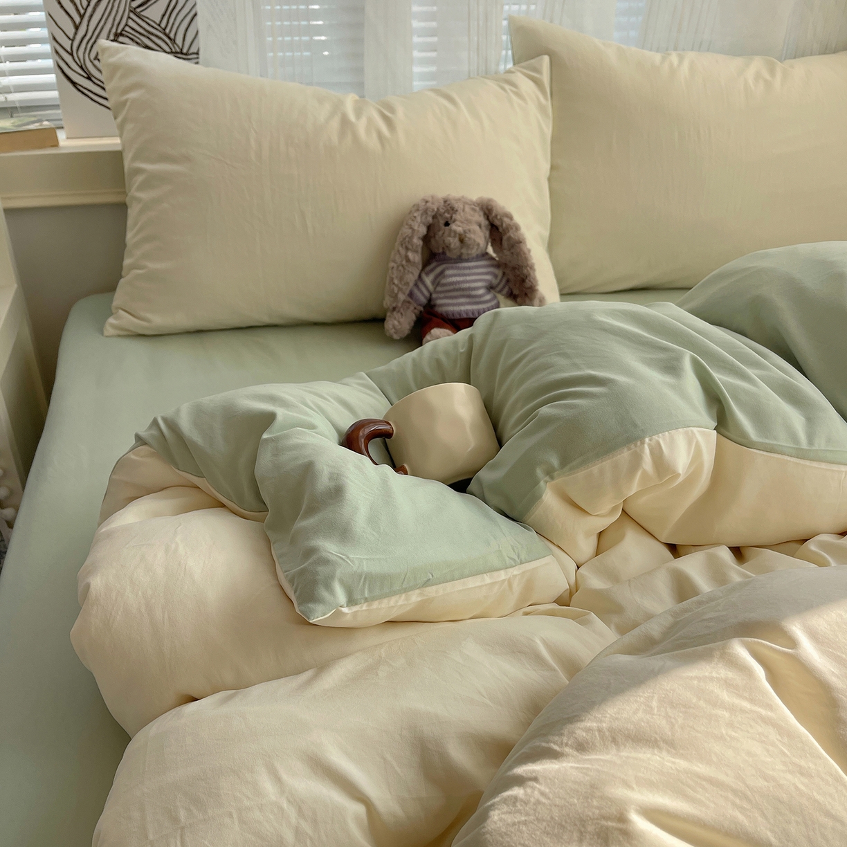 91家纺网 家纺一手货源 找家纺 沐芷 2026 纯色水洗棉A类四件套105g床上用品床单被套三件套---【提供买家秀】 米黄草绿