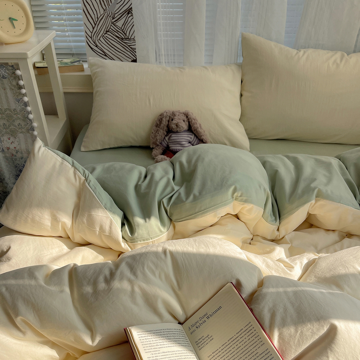 91家纺网 家纺一手货源 找家纺 沐芷 2026 纯色水洗棉A类四件套105g床上用品床单被套三件套---【提供买家秀】 米黄草绿