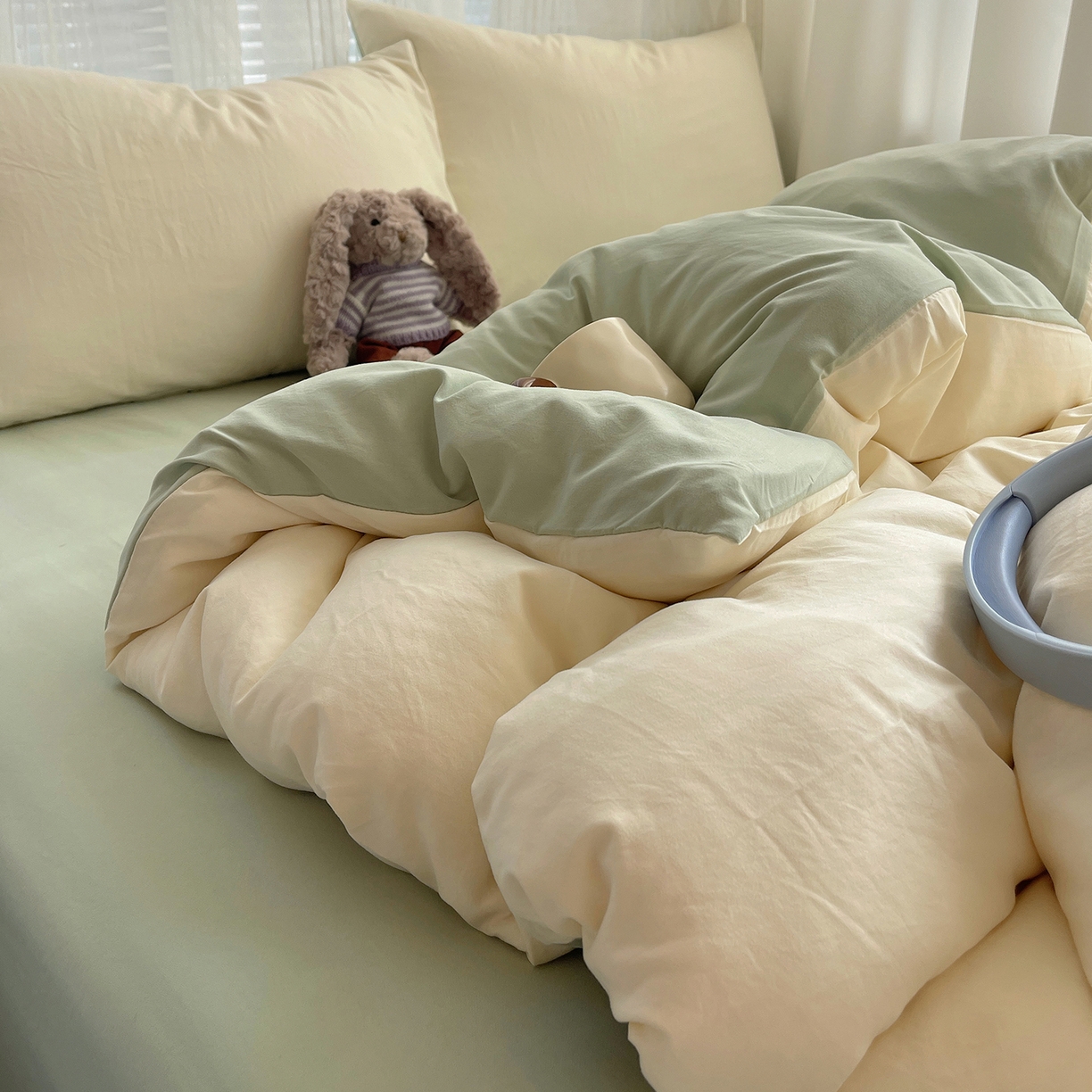 91家纺网 家纺一手货源 找家纺 沐芷 2026 纯色水洗棉A类四件套105g床上用品床单被套三件套---【提供买家秀】 米黄草绿