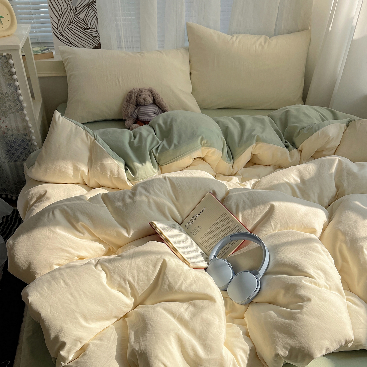 91家纺网 家纺一手货源 找家纺 沐芷 2026 纯色水洗棉A类四件套105g床上用品床单被套三件套---【提供买家秀】 米黄草绿