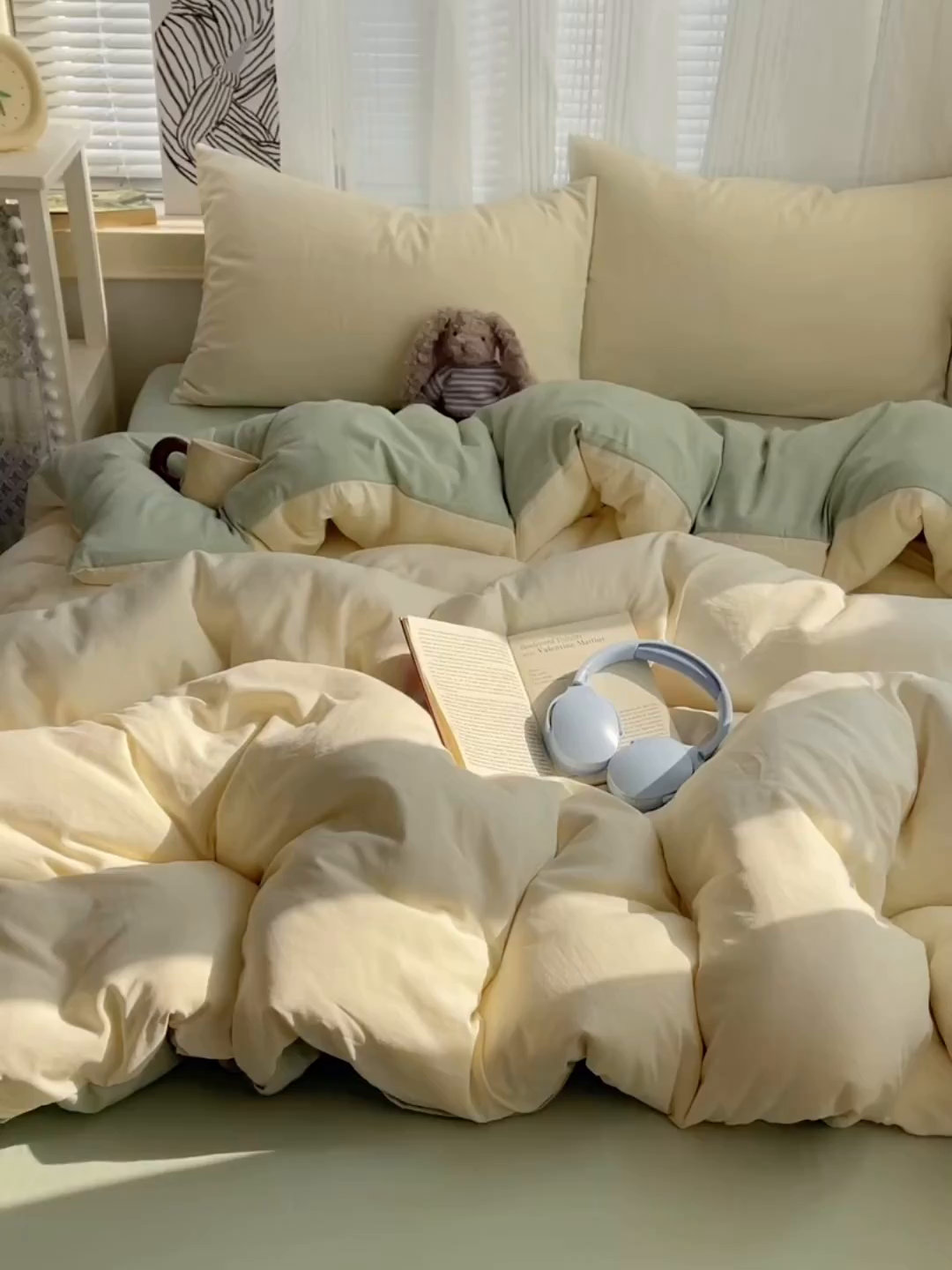 91家纺网 家纺一手货源 找家纺 沐芷 2026 纯色水洗棉A类四件套105g床上用品床单被套三件套---【提供买家秀】 米黄草绿