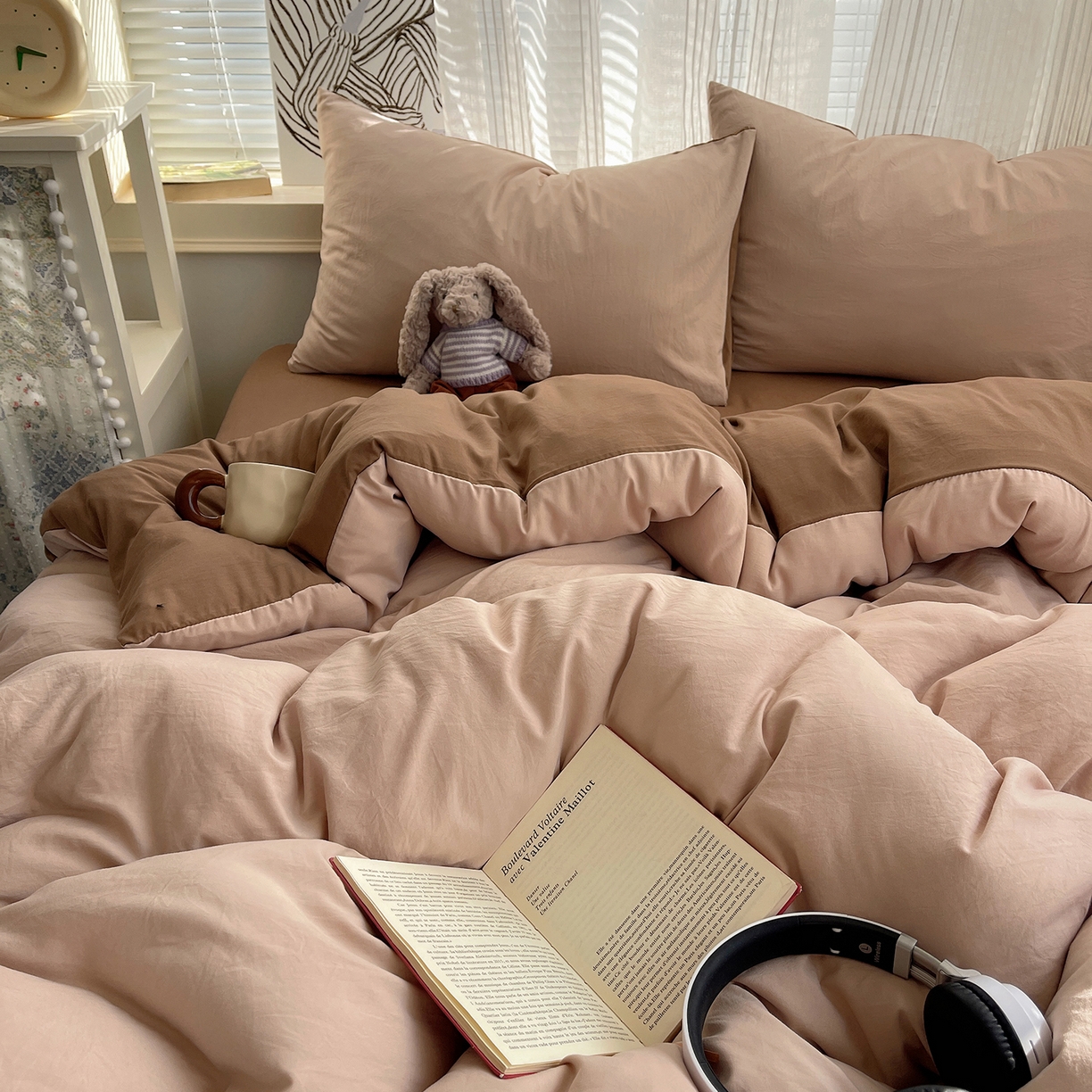 91家纺网 家纺一手货源 找家纺 沐芷 2026 纯色水洗棉A类四件套105g床上用品床单被套三件套---【提供买家秀】 奶茶棕咖