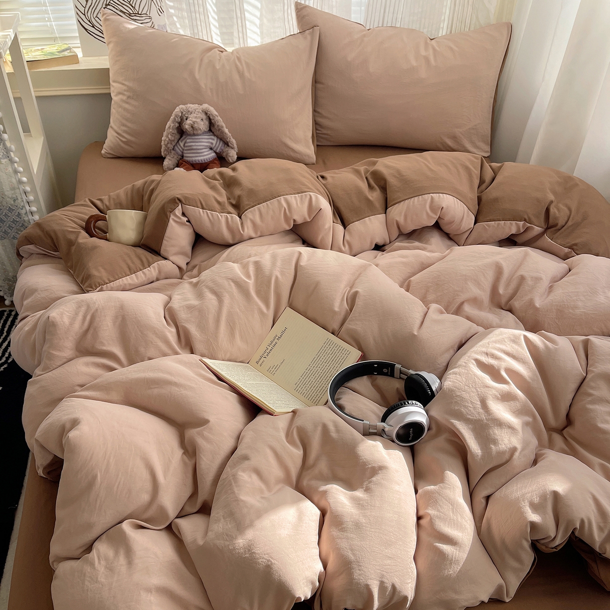 91家纺网 家纺一手货源 找家纺 沐芷 2026 纯色水洗棉A类四件套105g床上用品床单被套三件套---【提供买家秀】 奶茶棕咖