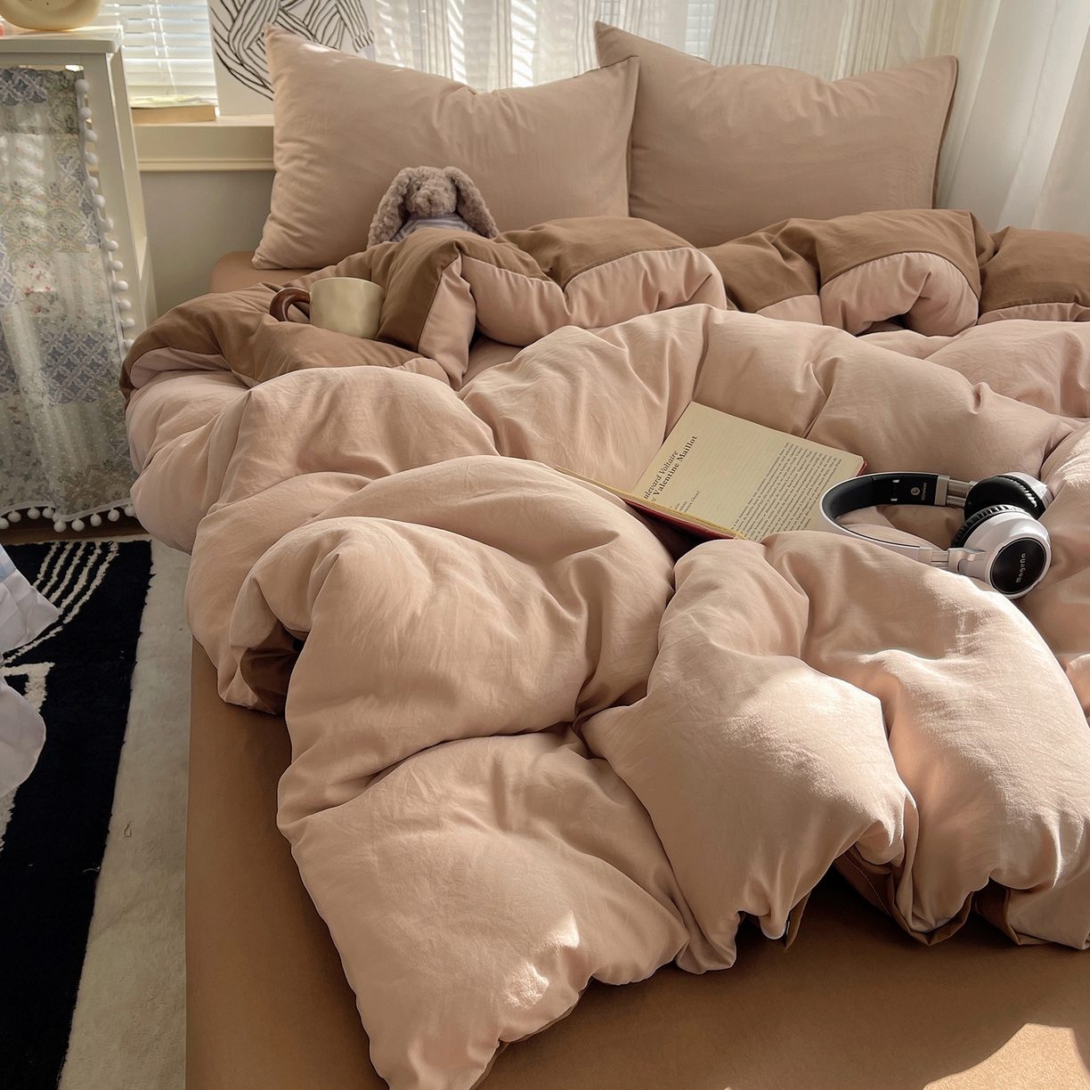 91家纺网 家纺一手货源 找家纺 沐芷 2026 纯色水洗棉A类四件套105g床上用品床单被套三件套---【提供买家秀】 奶茶棕咖