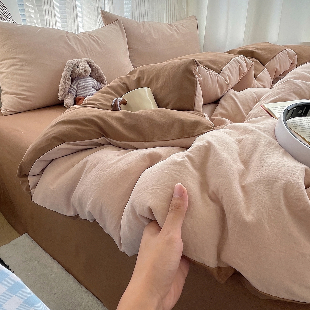 91家纺网 家纺一手货源 找家纺 沐芷 2026 纯色水洗棉A类四件套105g床上用品床单被套三件套---【提供买家秀】 奶茶棕咖