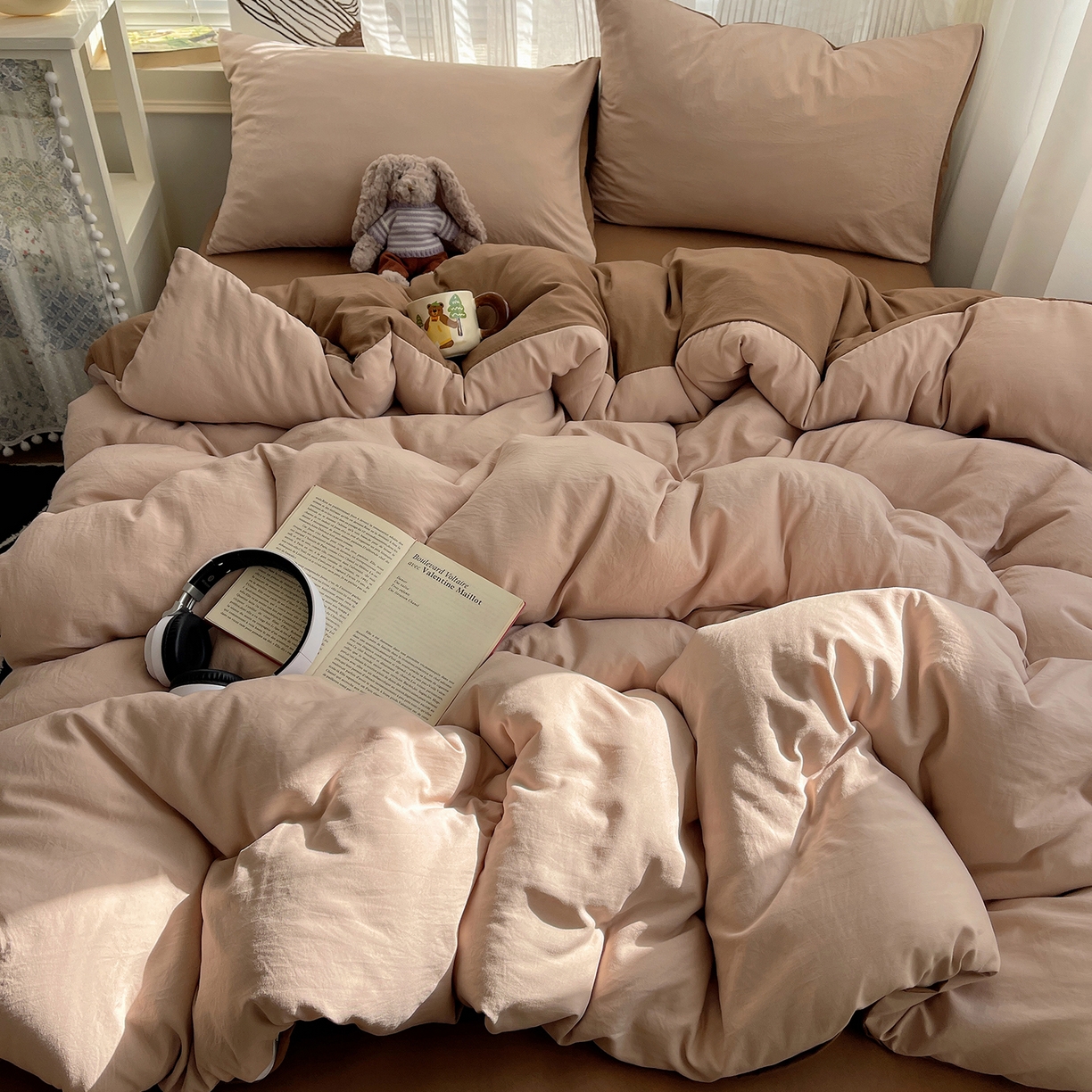 91家纺网 家纺一手货源 找家纺 沐芷 2026 纯色水洗棉A类四件套105g床上用品床单被套三件套---【提供买家秀】 奶茶棕咖