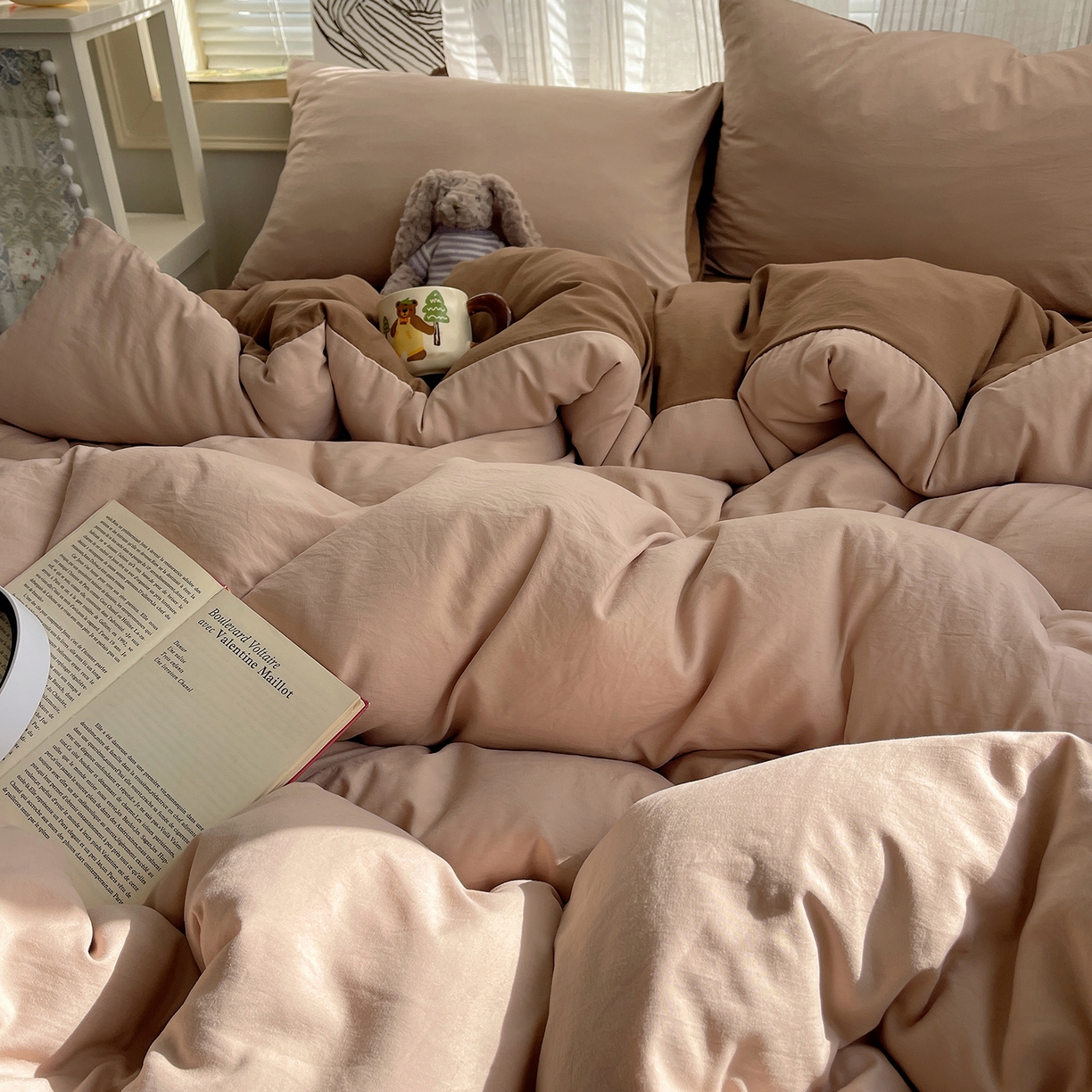 91家纺网 家纺一手货源 找家纺 沐芷 2026 纯色水洗棉A类四件套105g床上用品床单被套三件套---【提供买家秀】 奶茶棕咖