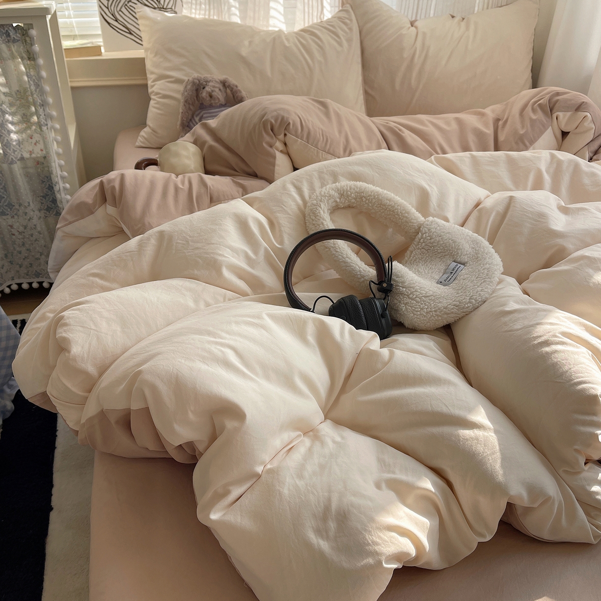 91家纺网 家纺一手货源 找家纺 沐芷 2026 纯色水洗棉A类四件套105g床上用品床单被套三件套---【提供买家秀】 杏色奶茶