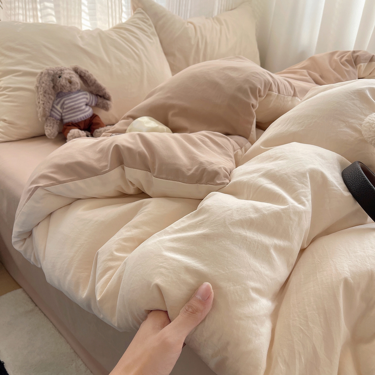 91家纺网 家纺一手货源 找家纺 沐芷 2026 纯色水洗棉A类四件套105g床上用品床单被套三件套---【提供买家秀】 杏色奶茶