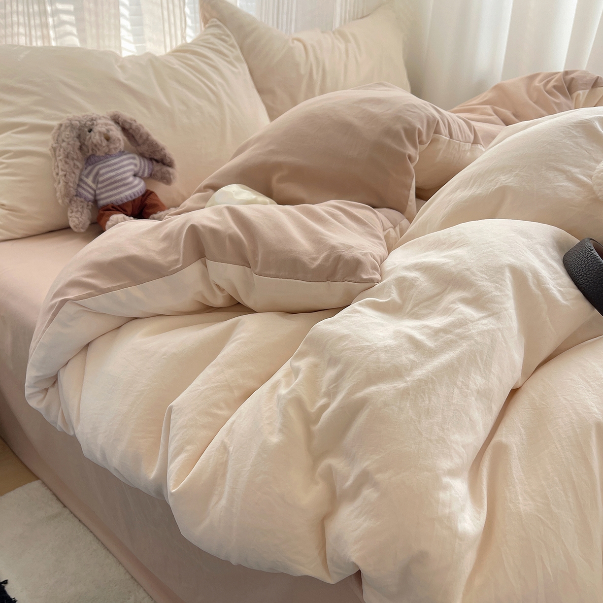 91家纺网 家纺一手货源 找家纺 沐芷 2026 纯色水洗棉A类四件套105g床上用品床单被套三件套---【提供买家秀】 杏色奶茶