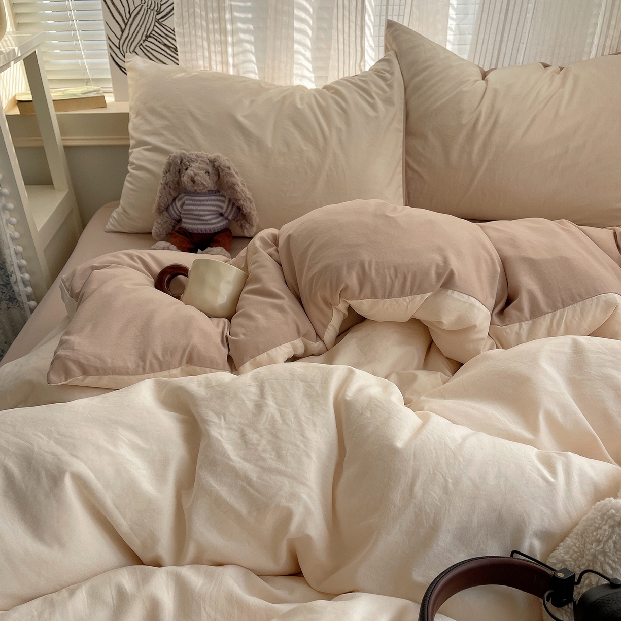 91家纺网 家纺一手货源 找家纺 沐芷 2026 纯色水洗棉A类四件套105g床上用品床单被套三件套---【提供买家秀】 杏色奶茶